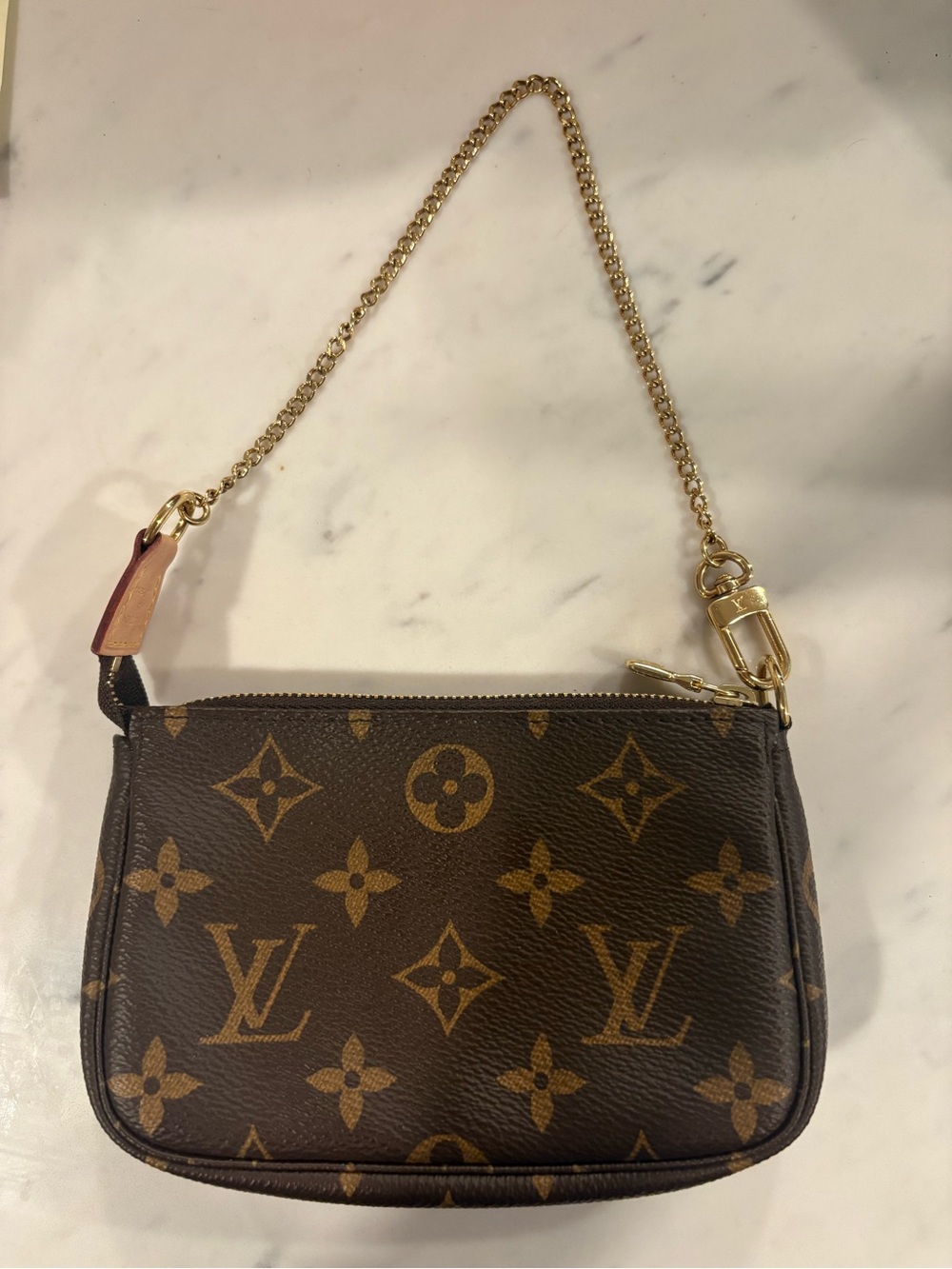 Authentic Louis Vuitton Brown Monogram Canvas Mini Pochette with Gold Chain - Picture 2 of 6